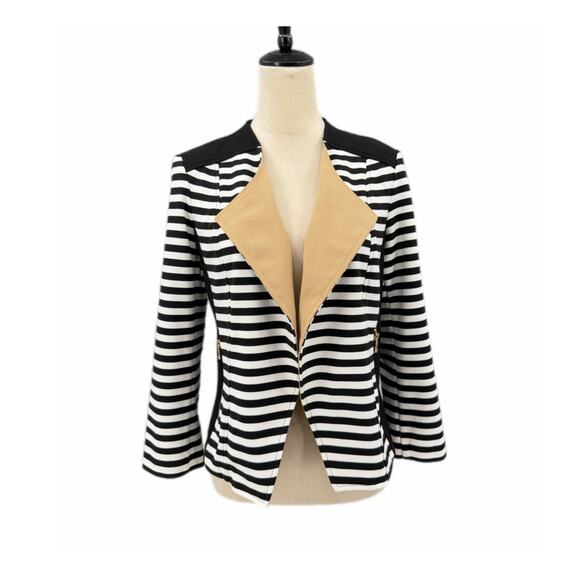 Chico's Jackets & Blazers - Chico’s Sz 0 Black & White Stripe Tan Ponte Knit Slim Fit Blazer Moto Jacket